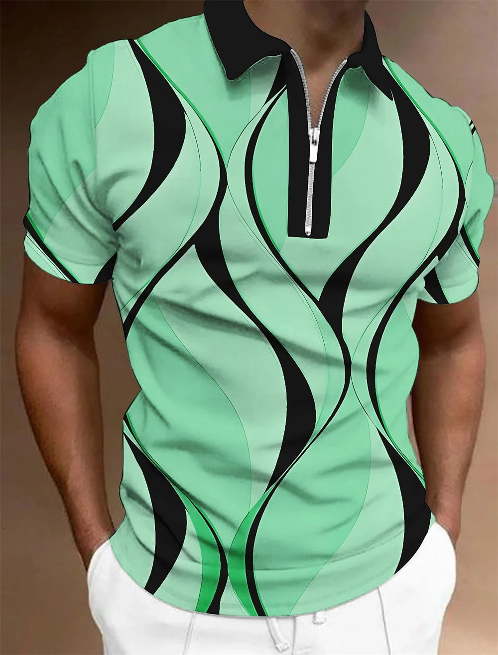 Mens Zipper Collar Polo Shirt Golf Pattern Printed Geometric Lines Folding Short Sleeve Clothing Top Handsome T 250219
