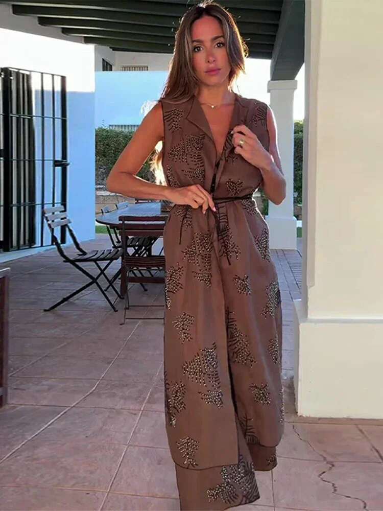 Vintage Women's Long Vest Sets With Pants Embroidered Beaded Sleeveless Vests Coats Loose Trousers Autumn High Street