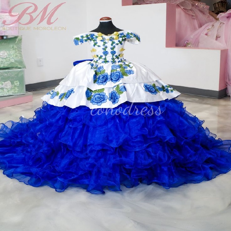 Charro Blue And White Flower Girls Dress 2025 With Flower Embroidery Vestido Mini Quinceanera Dress Tiered Birthday First Holy Communion Dress