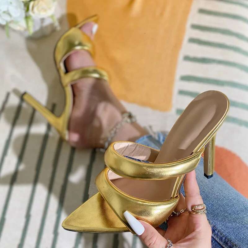 Sexy Pointed Toe Golded High Heels Narrow Band Women Slippers Cozy Summer Party Banquet Ladies Shoes Sandalias De Mujer