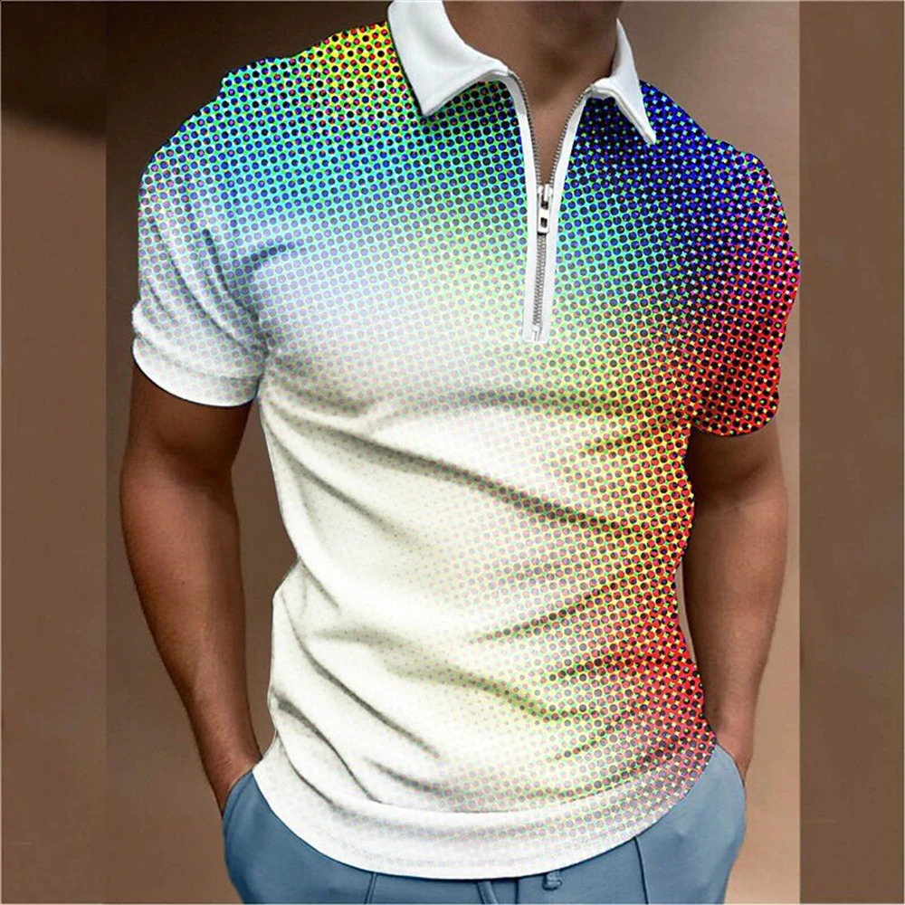 Colorful Printed MenS Polo T-Shirt Summer Golf Short Sleeve Zip Polo Shirt Spot Print Tops Fashion Loose Oversized Men Clothing 250218