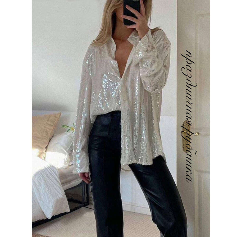 European American Bead Top with Long Sleeve Collar, Sexy Women's Shirt and Coat, 2025 Versatile New Trendy Clothing Ins