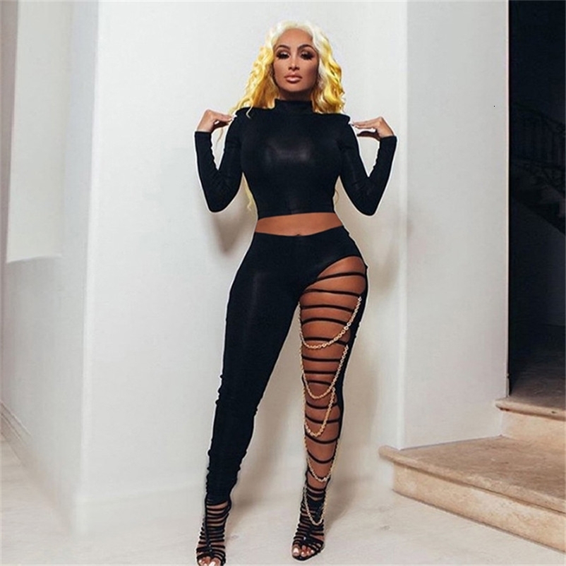 hirigin Sexy High Waist Ripped Leggings Women Black Slim Holes Trousers With Gold Chain Pencil Pants Casual Fashion Clothing 250218