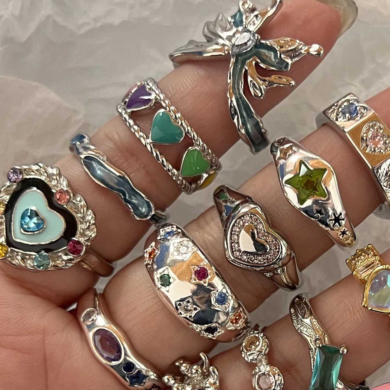Vintage Irregular Cross Star Open Ring for Women Men Punk Gothic Sliver Color Adjustable Couple Rings Y2K Egirl Jewelry GiftXJ250219
