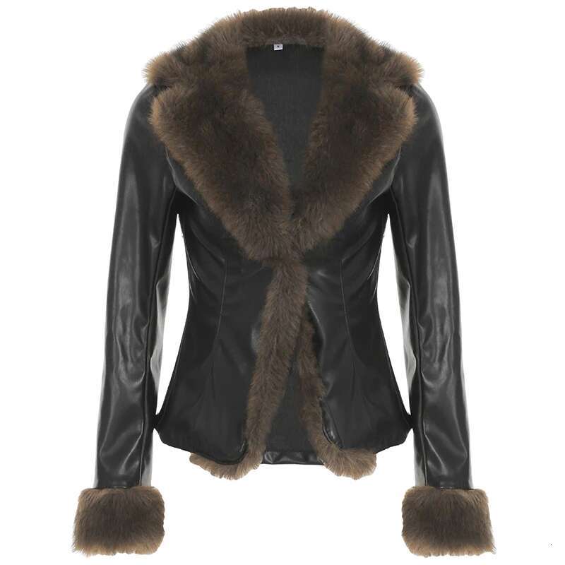 IAMHOTTY Faux Fur Patchwork Pu Leather Jacket urious Furry Collar Warm Down Coats Winter Chic V-neck Cardigan Thick Outerwear