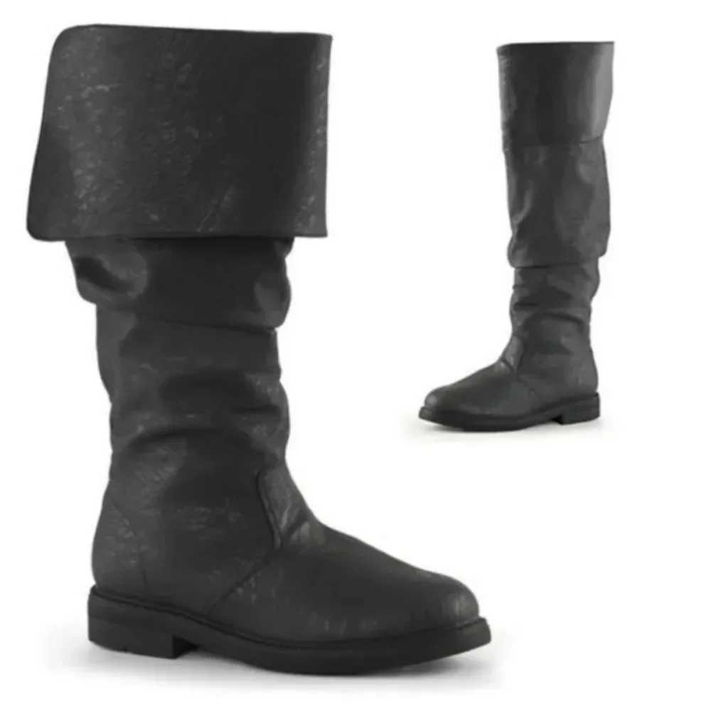 Mens medieval womens knee high boots mens flat shoes denim synthetic leather black brown role-playing boots Z250218