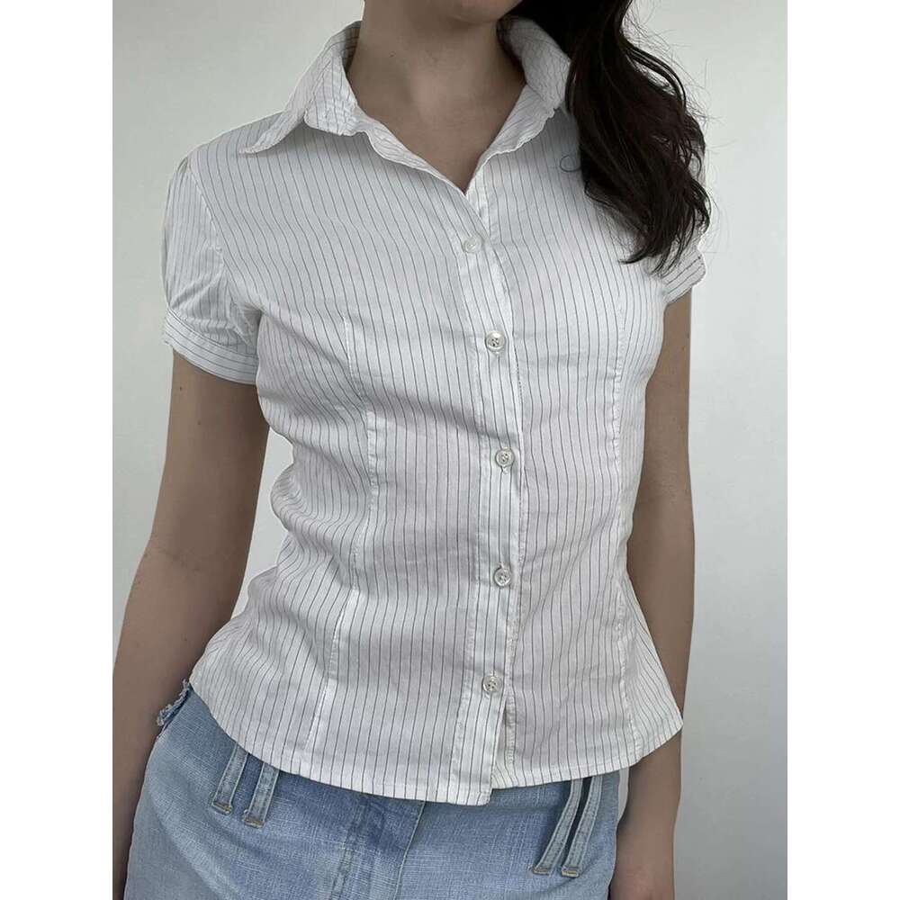 Sweetown White Stripe Puff Short Sleeve Button Shirts For Women Basic Simple Casual Seumme Preppy Tops Y2k Korean Clothes
