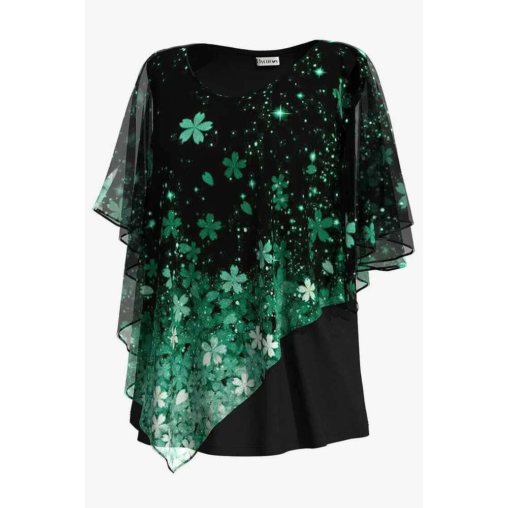Plus Size Blouse Cloak Loose Casual Ral Print Ruffle Batwing Cape Sleeve Tee Medium Stretch Women Shirt Top
