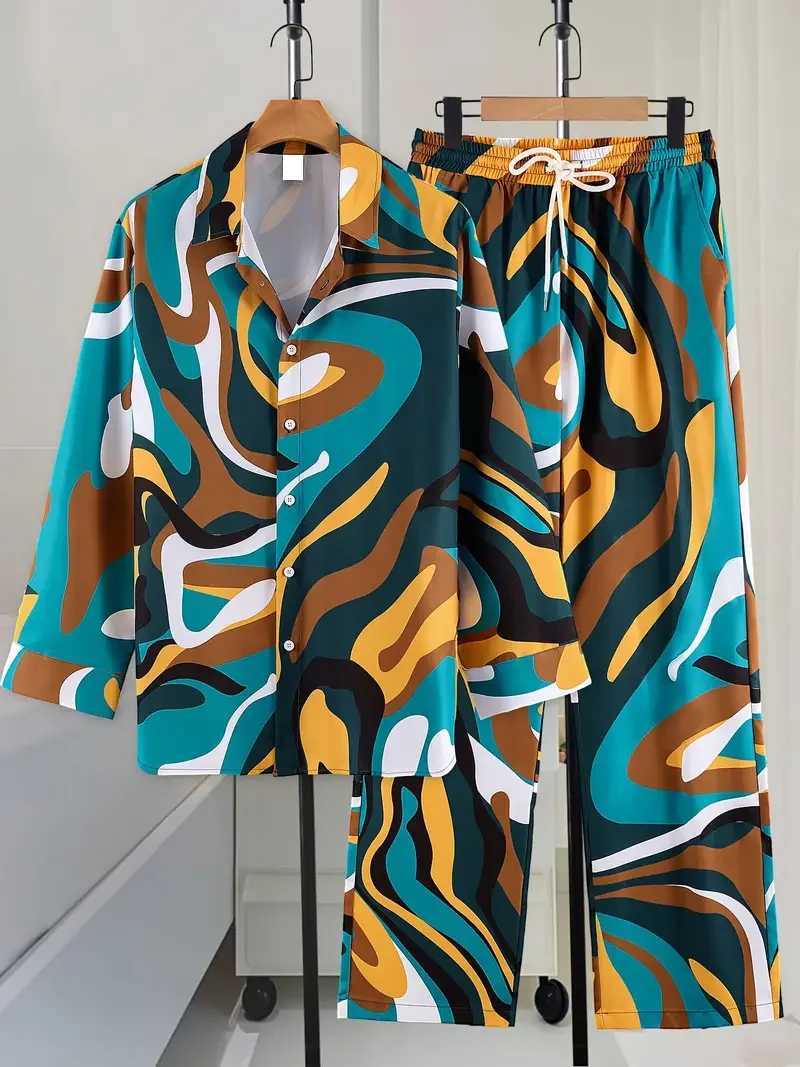 Long Sleeve Shirt Set Mens Geometric 3D Printed Button-up Shirt And Pants Set Mens And Womens Stylish Casual Simple SuitXJ250218