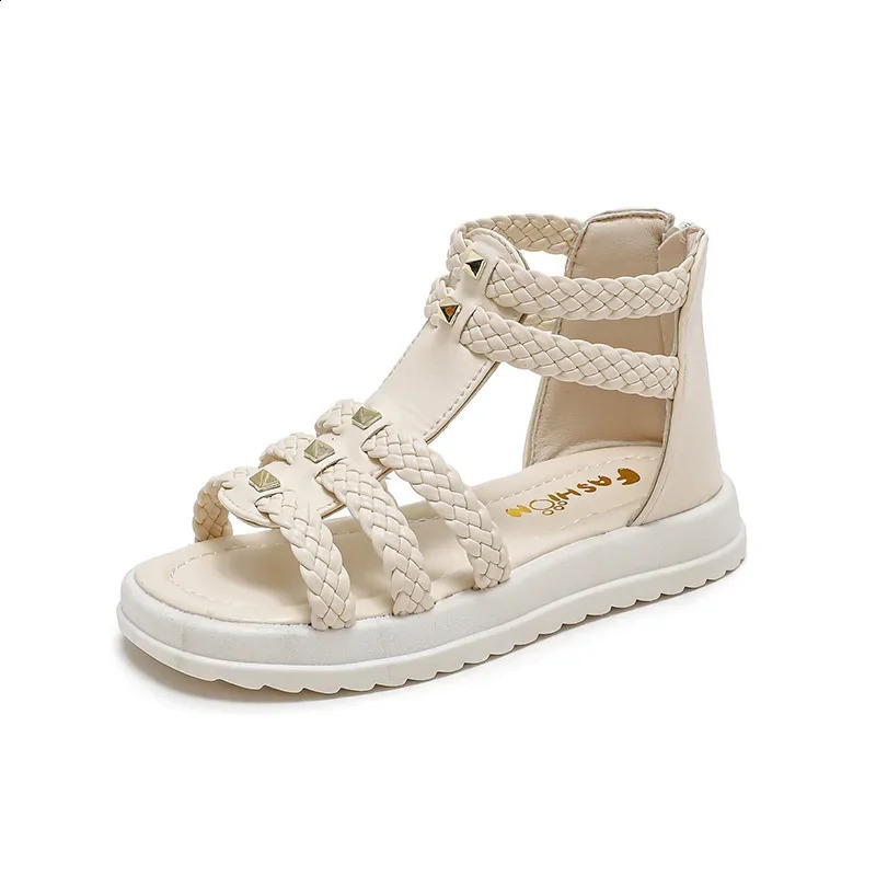 Girls Roman Sandals Open Toe Braided Solid Color High-top Simple Rivets Summer Hollow Flat Casual Shoes Kids Fashion Casual 250218