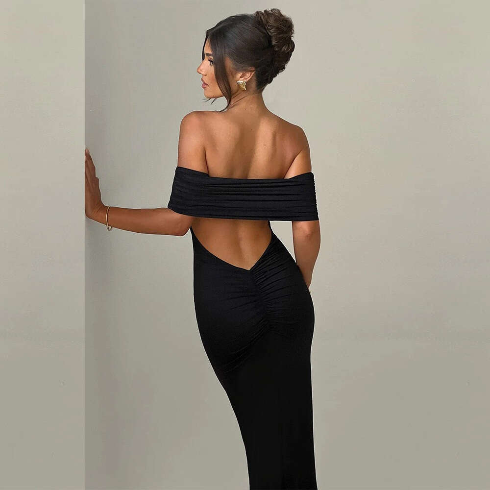 women's European and American summer sexy temperament one shoulder exposed backpack hip pleat solid color dress 2025 new casual versatile fashion