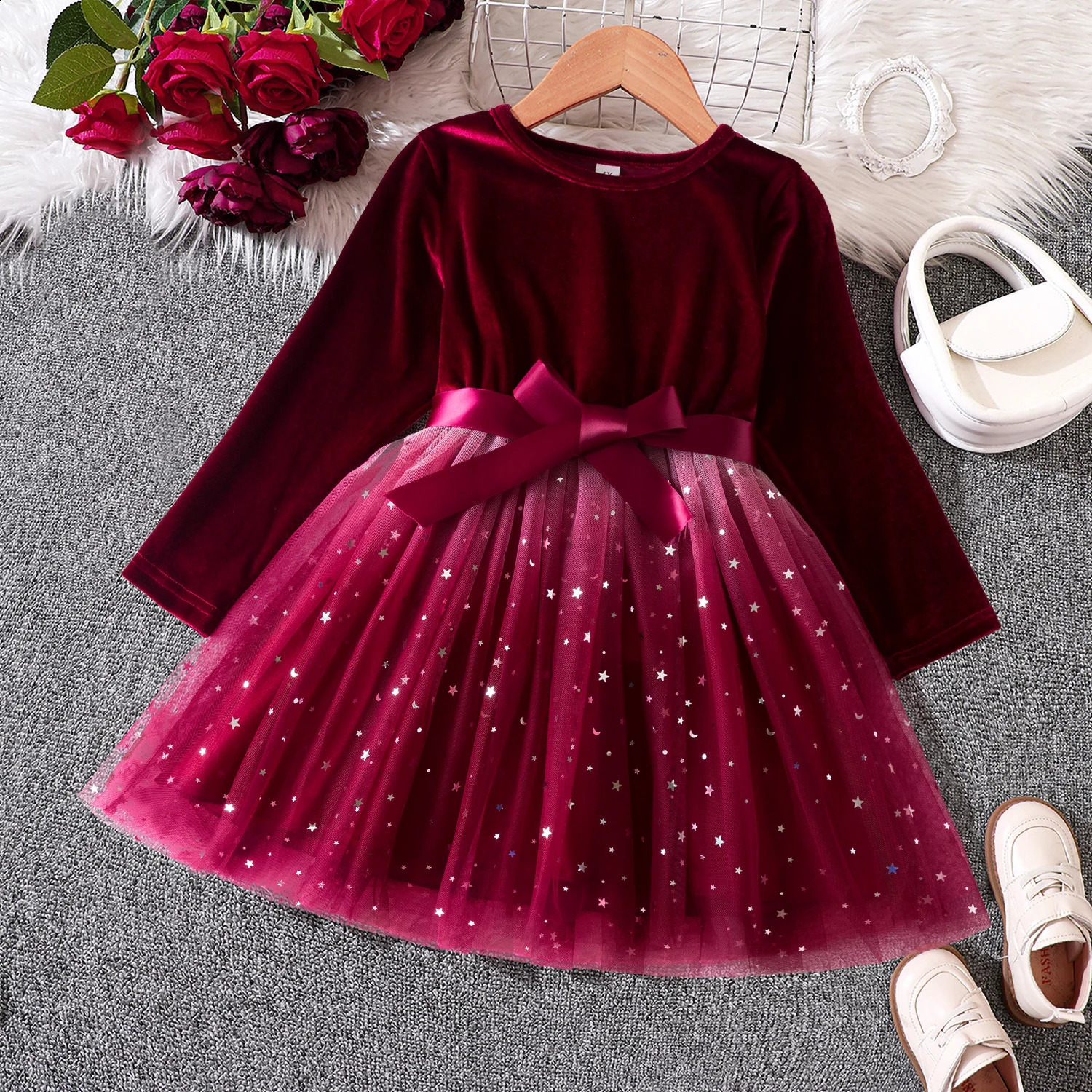 Girls Dress Autumn Winter Long Sleeve Bow Sequin Princess Dress 3-8 Yrs Kids Christmas Birthday Party Year Costume 250219