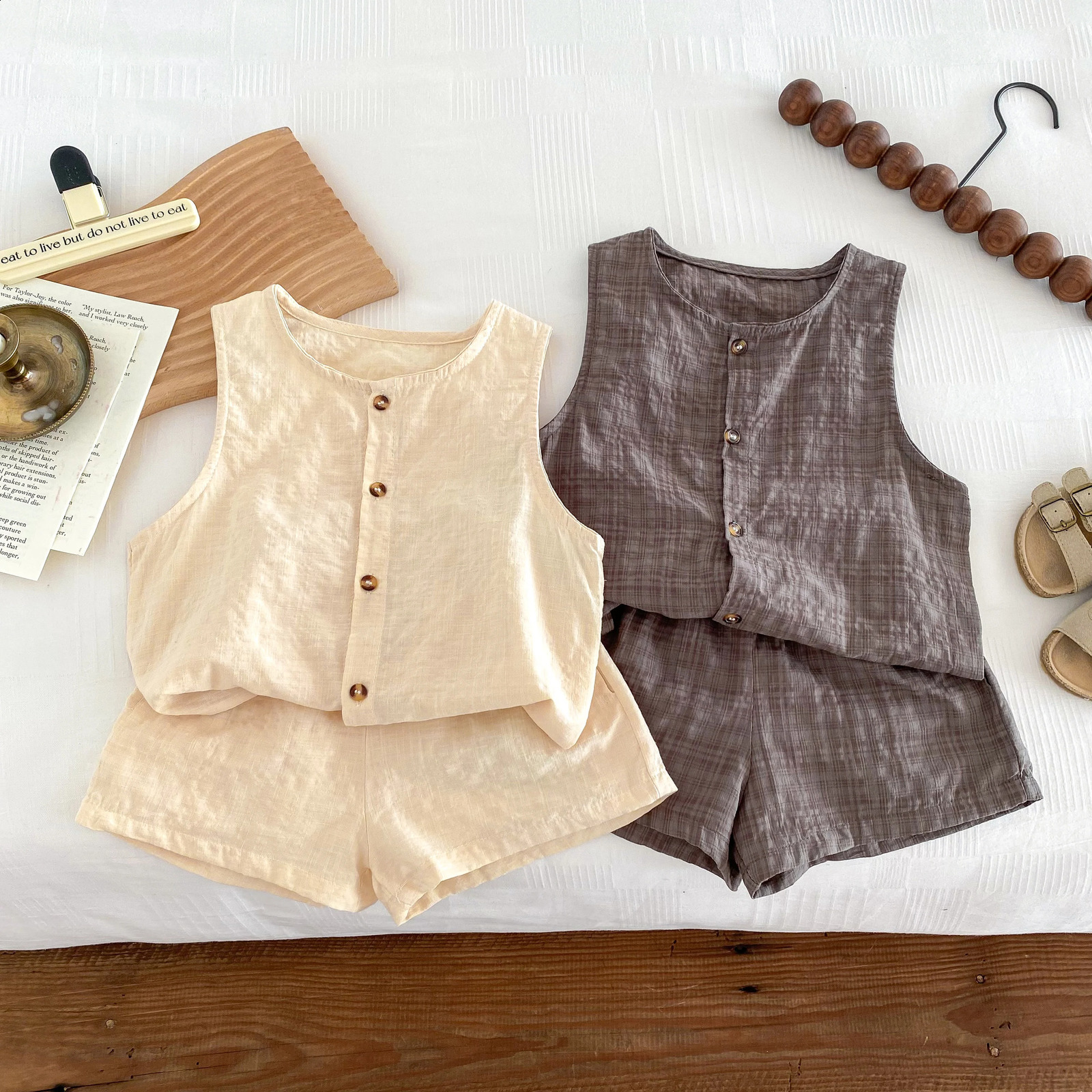 Korean Style Kids Clothes Baby Sibling Outfit Summer Cotton Fabric Solid Versatile Sleeves Top Shorts Two Piece Set 1-5yrs 250218