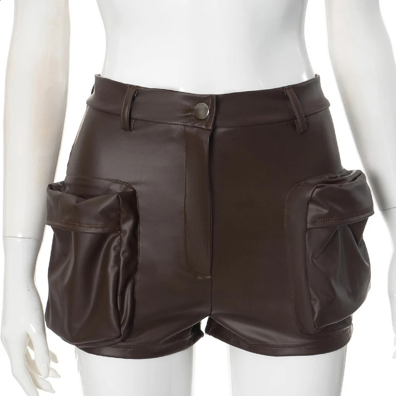 CUTENOVA Autumn Pu Leather High Waist Shorts Zipper Tight Sexy Pants Large Pocket Ultra Short Cargo Wear 250213