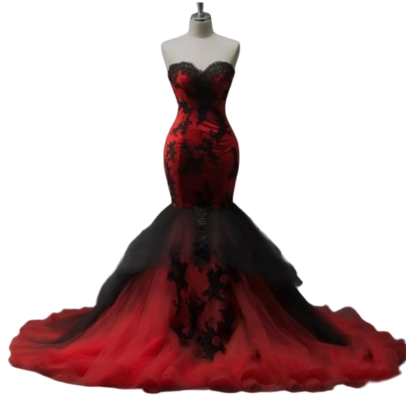 Black And Red Mermaid Gothic Wedding Dresses Lace Appliques Sweetheart Corset Long Vintage Bridal Gown Sleeveless Classic Vestdio De Novia 2025