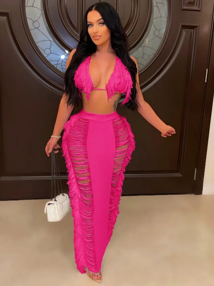 JRRY Sexy Women Knitted Set Halter Backless Crop Top Tassel Skirt Crochet Two Pieces Set Hollow Out Crocheted Beach Dress Set 250218