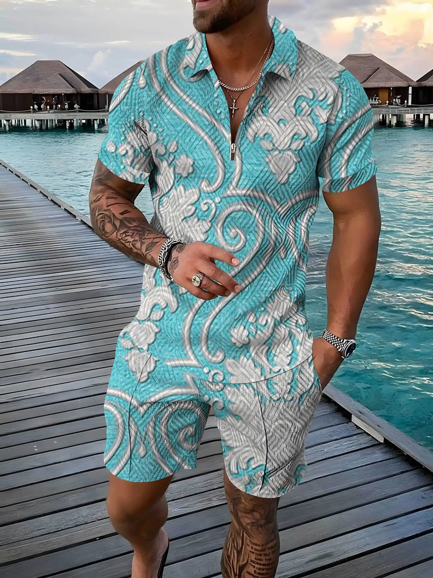Vintage Bohemian wind Polo Set 3D Print shirt 2pcs Zipper Sets CollarShorts Hawaii Holiday Style Man Clothing 250219