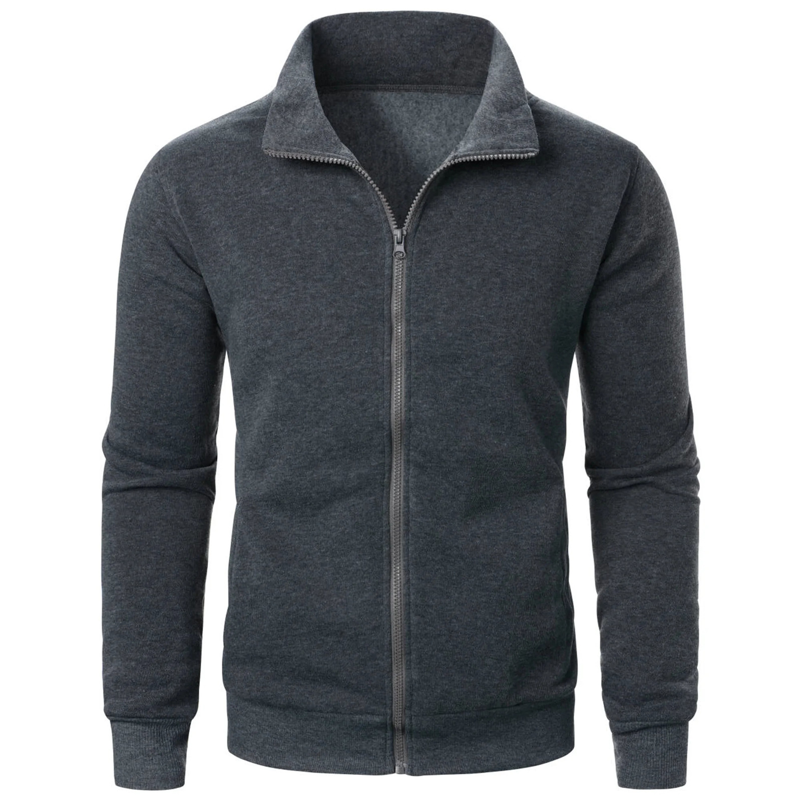Mens casual sports zipper stand collar hoodie coat mens solid color cardigan 250218
