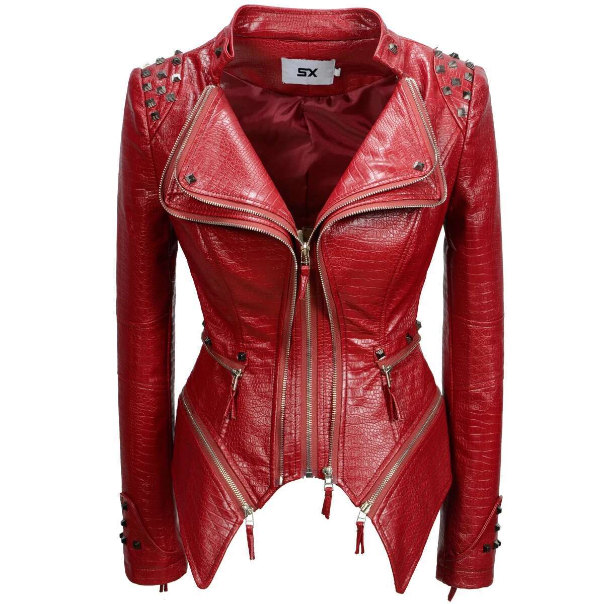 Fashion SX Women's Crocodile Rivet PU Perfect Shape Motorcycle Bicycle Jacket