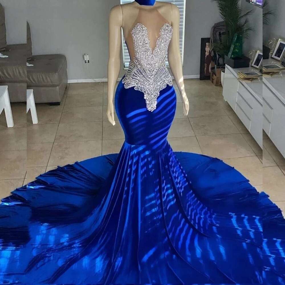 Royal Blue African American Long Prom Dresses For Black Girls Mermaid Halter Crystals Women Party Evening Gown Customized