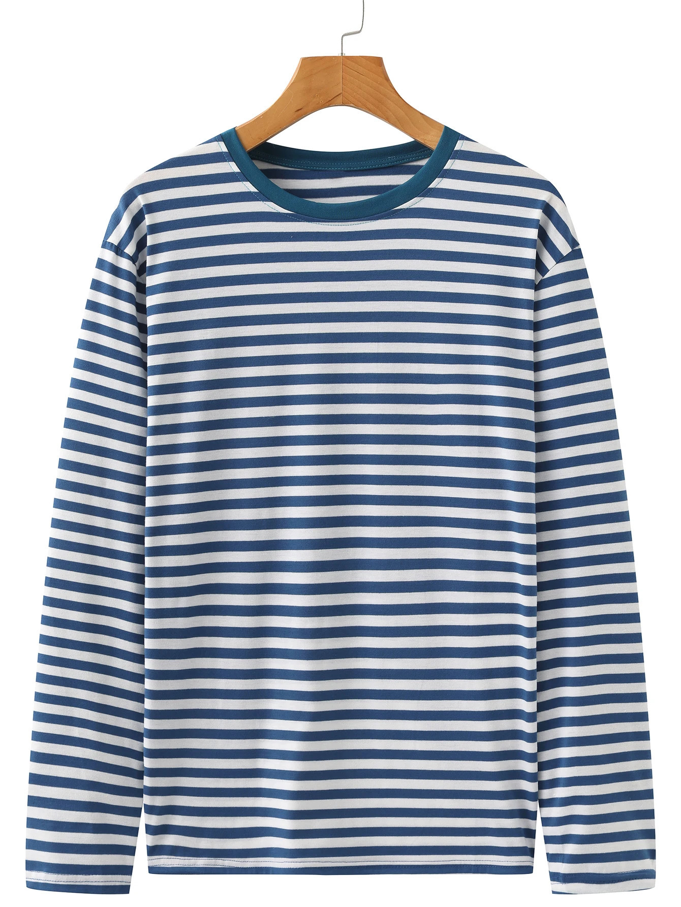 Fashionable stretch casual navy blue striped Tshirt for men long sleeved base shirt mens clothing 250213