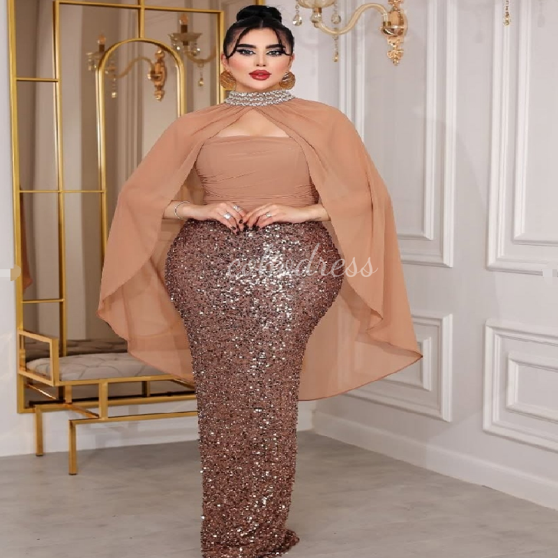 Plus Size Saudi Arabia Blue Evening Dress With Cape High Neck Mermaid Sequin Prom Dress 2025 Formal Occasion Party Wear Vestio De Fiesta 2025