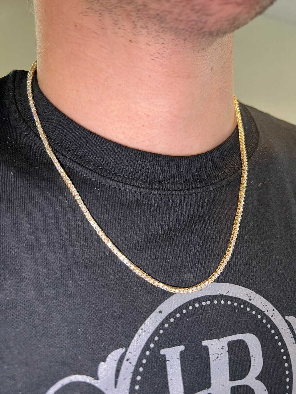 Luster Jewelry Hiphop Bling Sterling Silver 925 Gold Plated Moissanite Diamond 2mm Tennis Necklace for Men