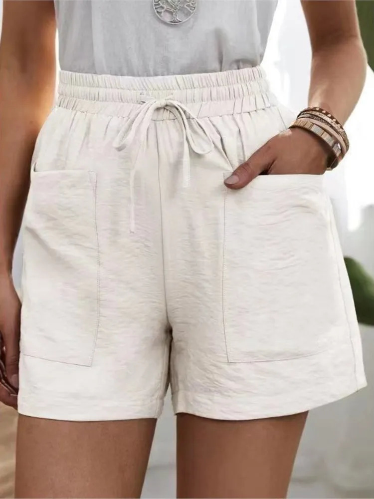 Womens Shorts 2024 Fashion Women Linen Sweatshorts Summer Pockets High Waist Cotton Blend Pockets Elastic Waist Loose Shorts 250214