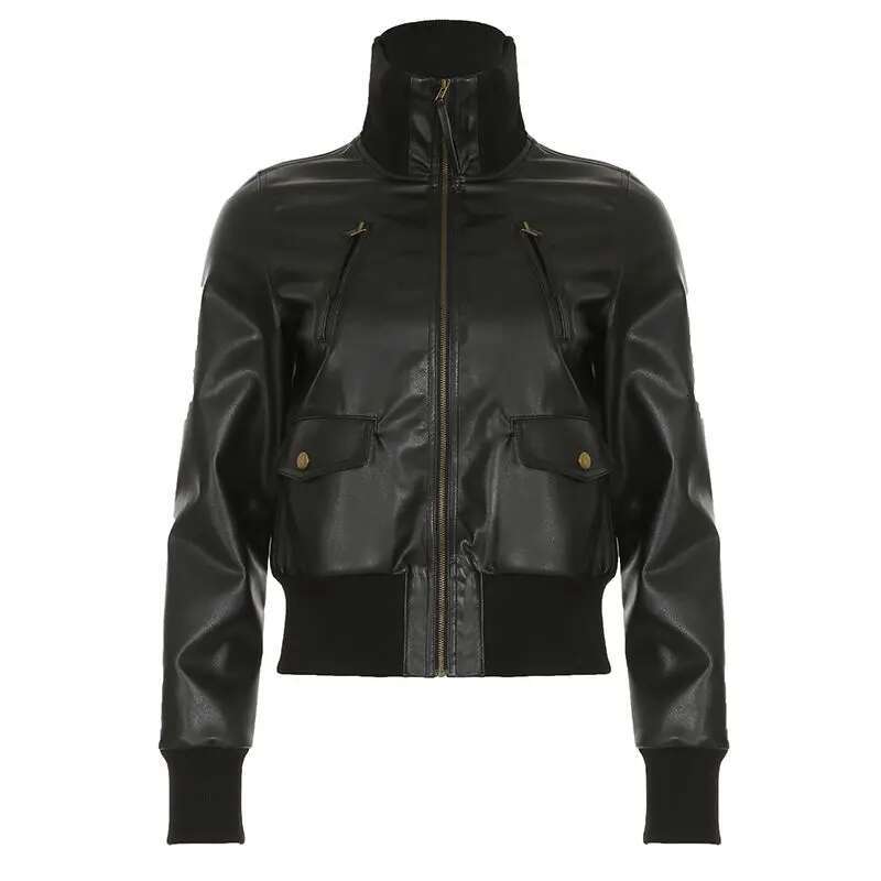 American Style Vintage Workwear Zipper PU Leather Stand Collar Waist-Fitted Screw Thread Sewn Slimming Jacket