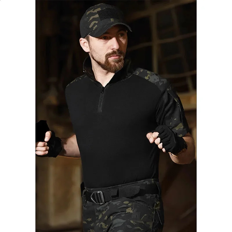 Summer Black Camo Training Set Mens Half Zip Combat Tops Waterproof Tactical Suit Elastic Multiple Pockets Quick Drying 3-pcs 250218