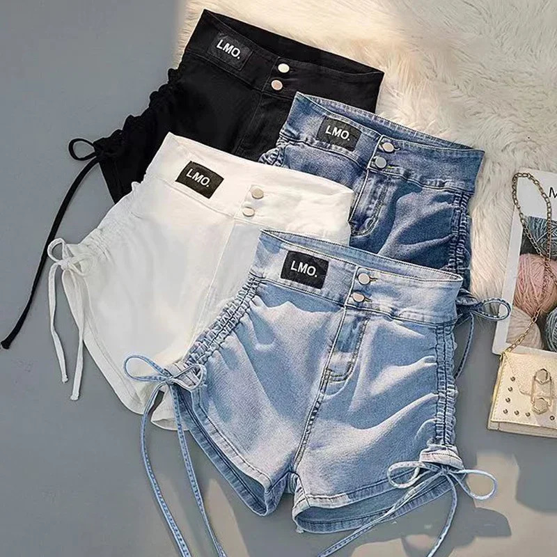 Womens Chic Drawstring Pleated Denim Shorts High Waist Aline Jean Shorts With Pocket Casual Slim Bodycon Shorts Trousers Summer 250214