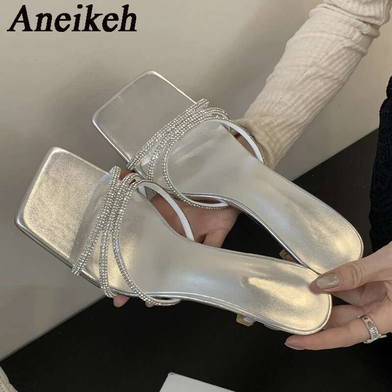 Aneikeh Summer Sexy Sier Square Headed High Elegant Sandals Slim Heels Women's Party Sandalias Feminina