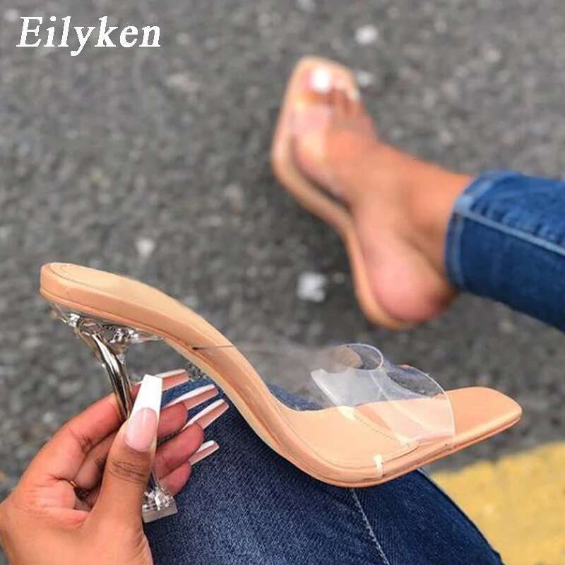 PVC Jelly Slippers Open Toe Perspex High Heels Crystal Women Transparent Heel Pumps Sandals Size 35-42