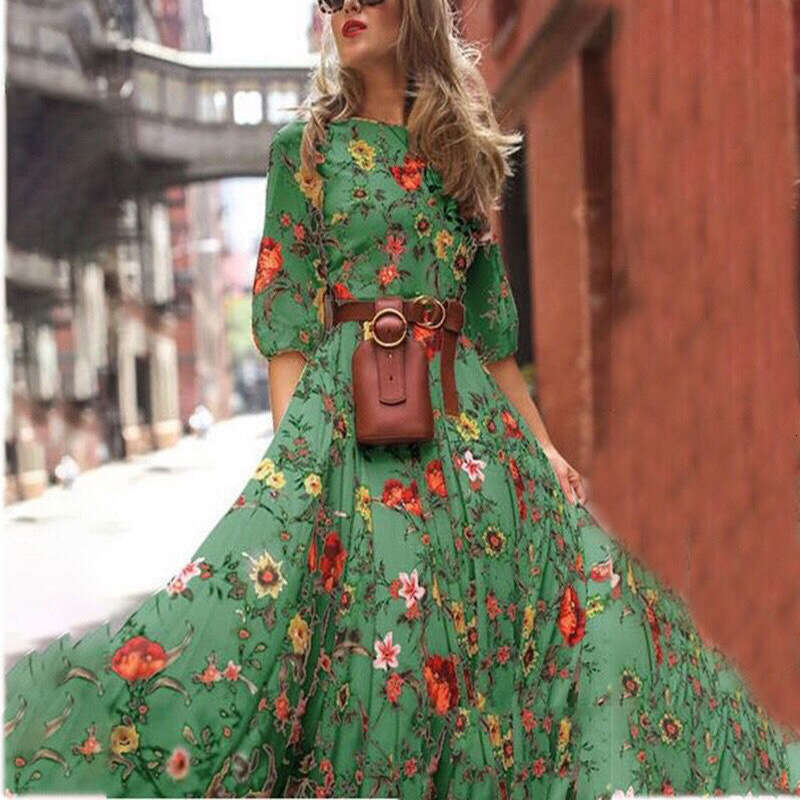 European and American women's chiffon printed long skirt Bohemian vacation style dress 2025 new casual versatile fashion clothing