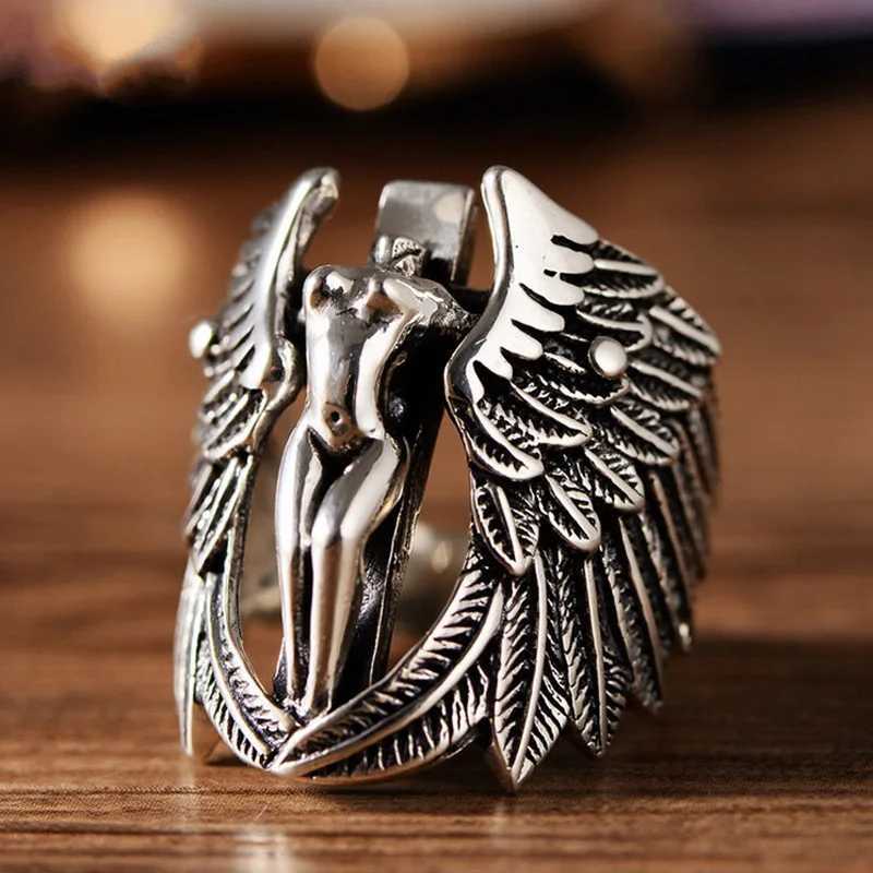Retro Cross Angel Wings Ring For Men Silver Color Punk Gothic Open Ring Handmade Rock Hiphop Unisex Jewelry Accessories Man GiftXJ250219