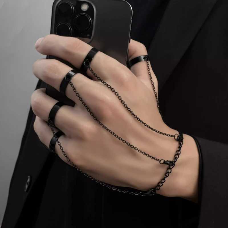 Punk Geometric Silver Color Chain Wrist Bracelet Rings for Men Ring Charm Set Couple Fashion Jewelry Gift Pulera Mejer Free ShipXJ250219