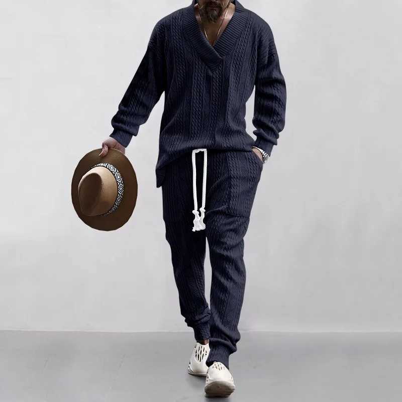Male Beach Set Quick Dry Hawaiian Casual Pants V-neck All Matching Jacquard Knit Mens Suit Solid Color Long-Sleeved Top+PantsXJ250218