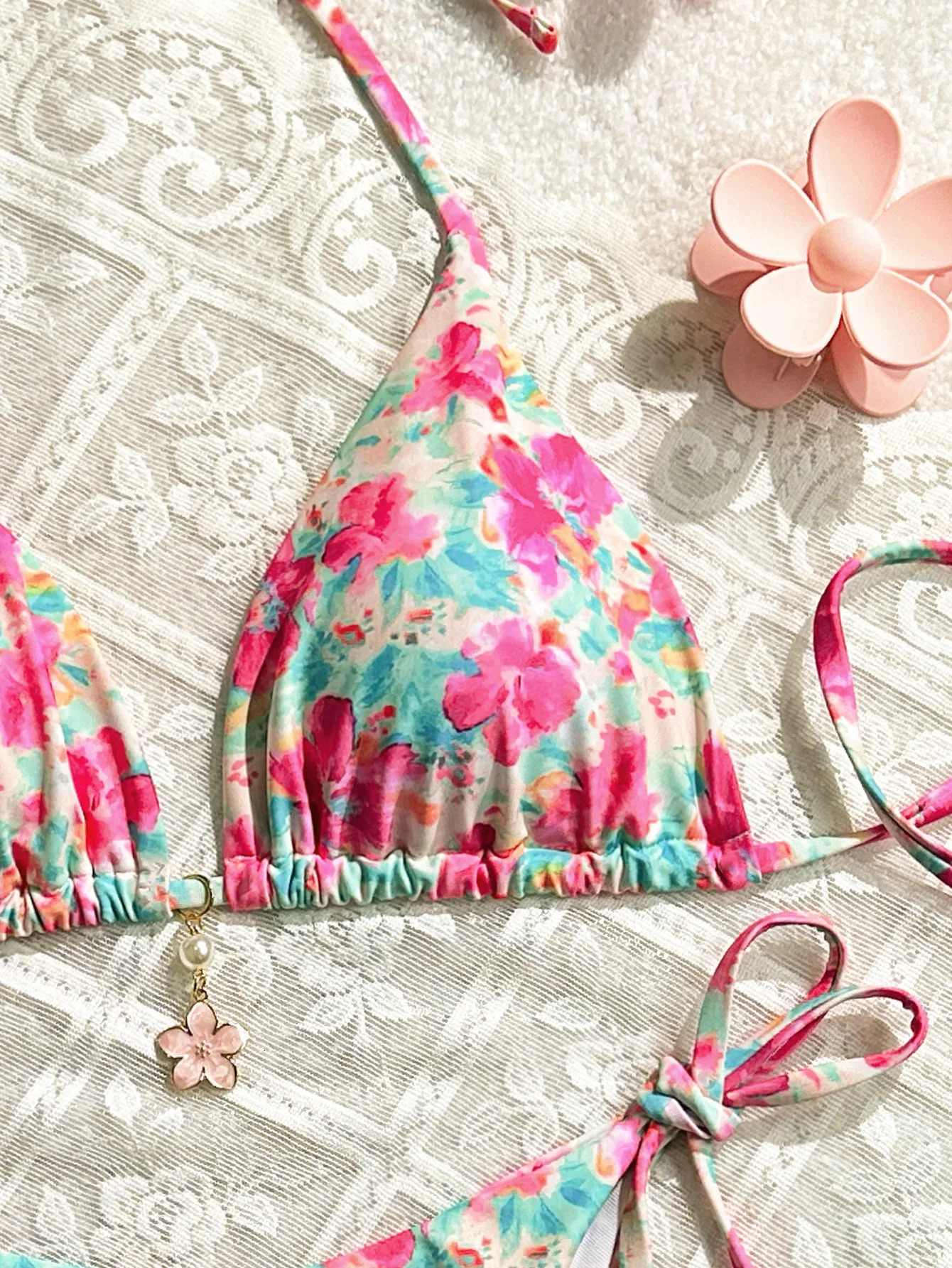 2025 Womens Bikini Set Pink Floral Print 2 Piece Swimsuit Sexy Triangle Push Up Halter Backless Swimwear Beach Bathing Suit 250219