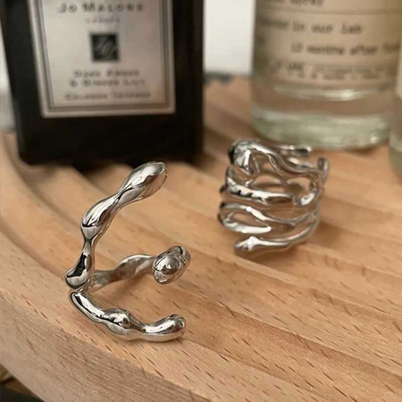 2024 New Arrival Irregular Hollow Silver Color Wide Ring Female Fashion Retro Unique Design Handmade Jewelry GiftsXJ250219