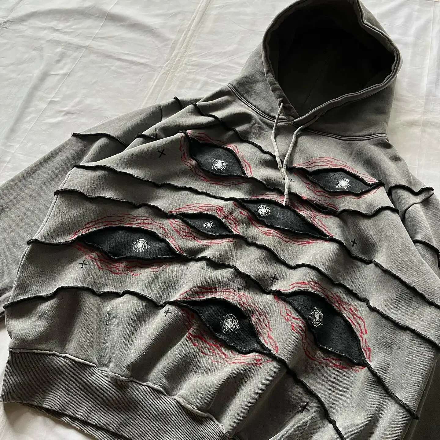 Streetwear Hoodie Hip Hop Gothic Eyes Patchwork Dark Gray Oversized Loose Pullover Men and Women Retro Haruku Punk Casual Tops