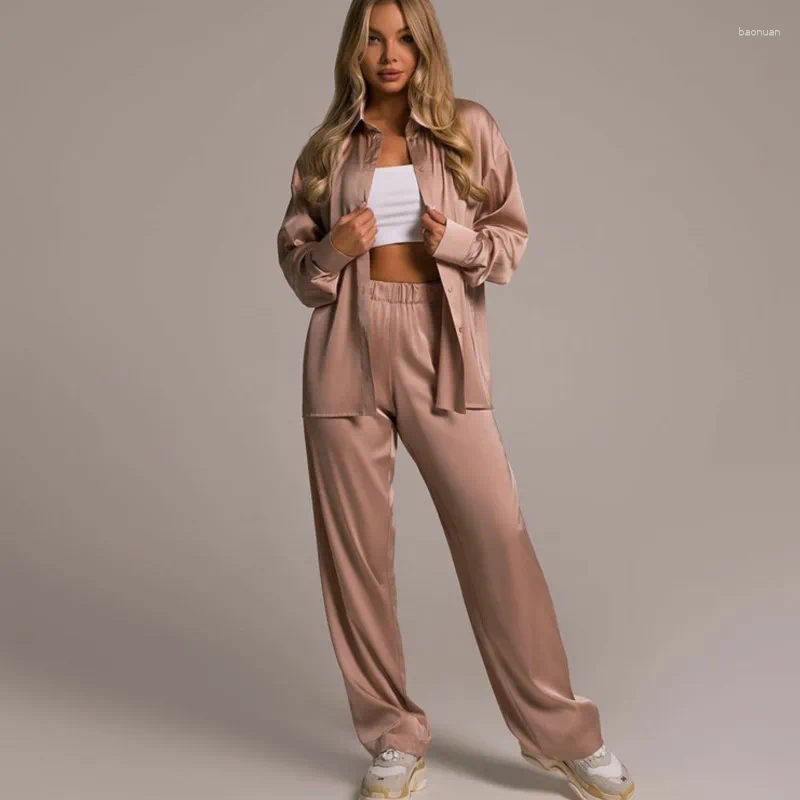 Women's Two Piece Pants Spring And Summer Lady Long Set Elegant Satin Silk Sleeved Loose Shirt Wide Leg Two-piece Women Outerwear