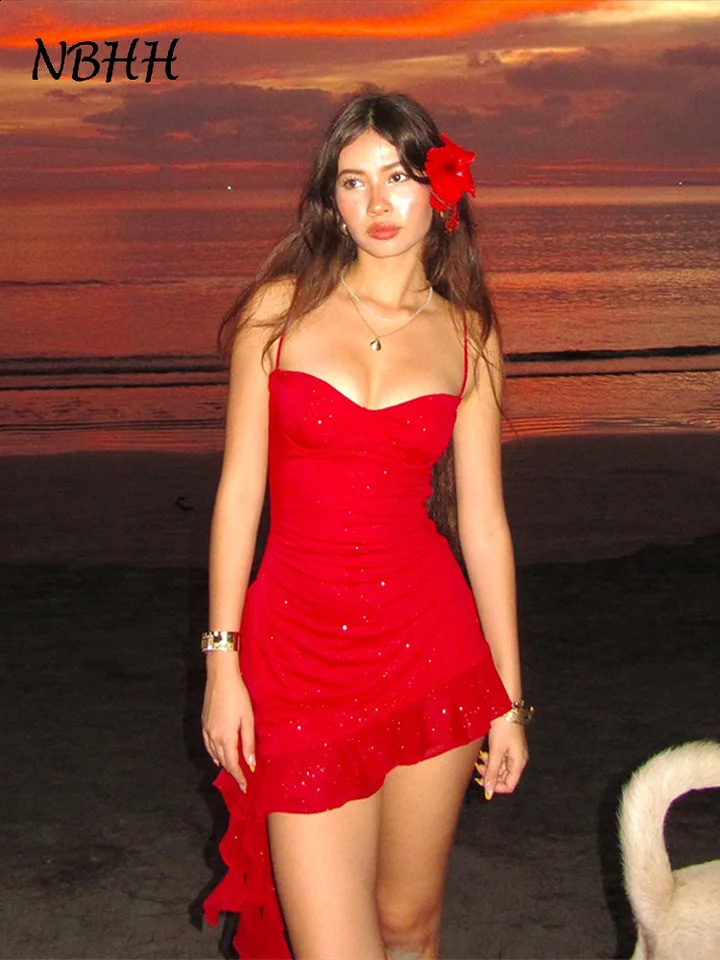 Sexy Sequin Ruffles Sling Mini Dress Women Slim Sleeveless Backless Party Dresses 2025 Spring Summer Shiny Beach Vacation Robe 250218