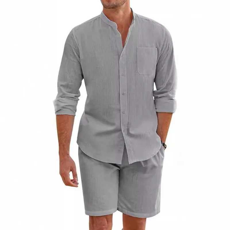 Mens Summer Two-piece Cotton and Linen Comfortable Buttoned Shirt Long Sleeved Shorts Cardigan Simple Casual Beach OutfitXJ250218