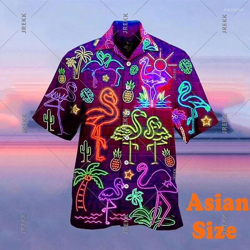 Men's Casual Shirts Neon Print Hawaii Shirt For Clothing Summer Camp Vacation Fashion Button Flamingo Coconut Blouse Top