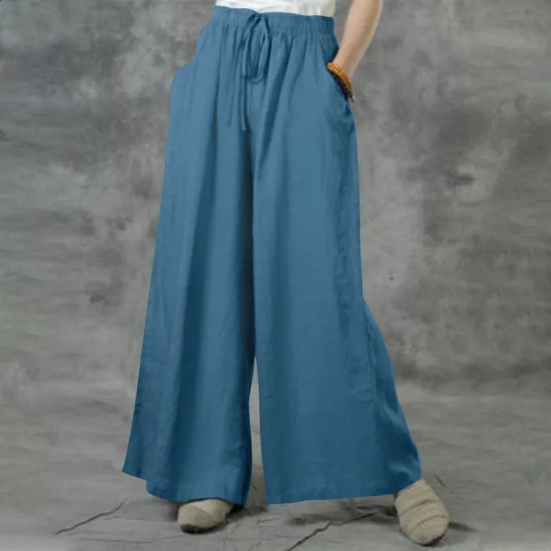 Summer Loose Size Casual Wide-Leg Pants Solid Color Cotton Linen Elastic Waist Pants Ladies Street Drawstring Trousers 250218