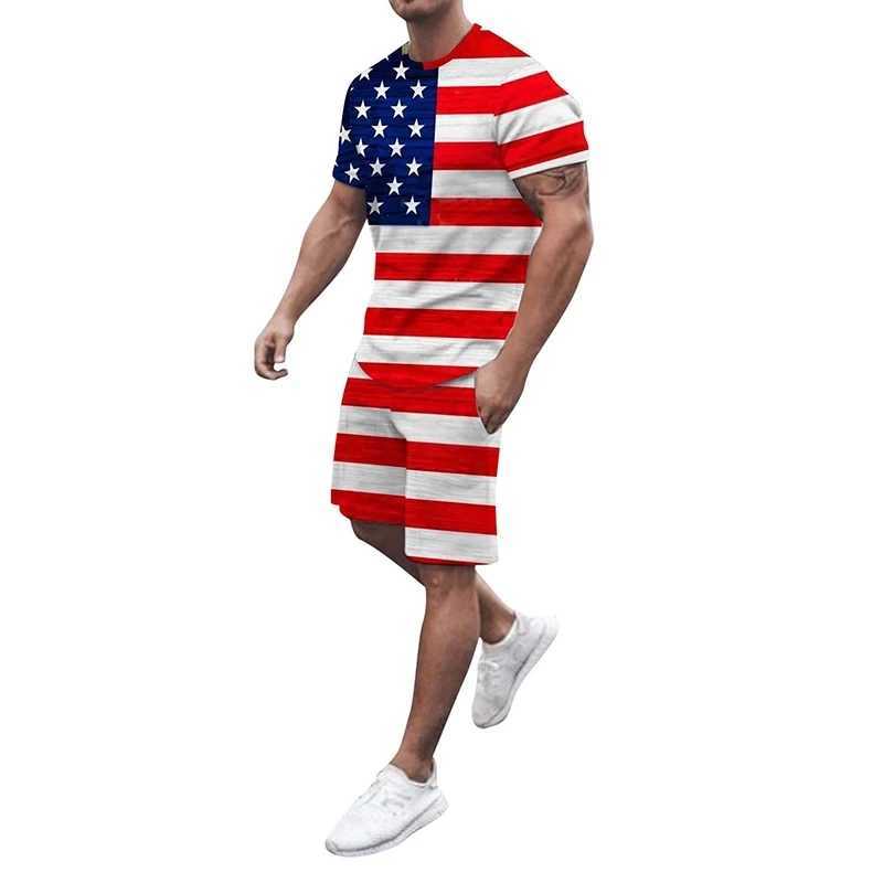 American Flag 3D Print Tracksuit T Shirts Shorts Mens T-shirt Sets USA 2 Pieces Streetwear Males Oversized Suits SportswearXJ250218
