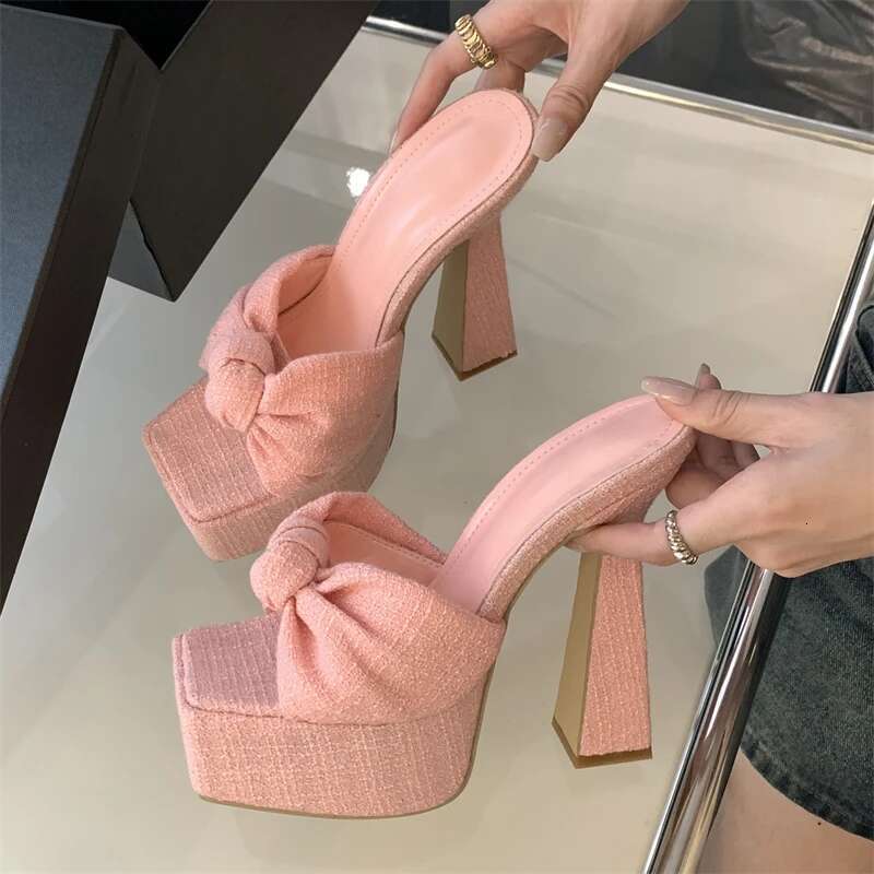 Butterfly-knot Open Toe Slippers Woman Chunky Platform Wedding Banquet Sandals Extreme High Heels Slide Shoes