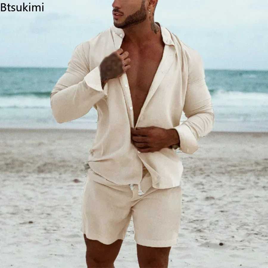 New 2025 Mens Summer Casual Hawaiian Beach Sets 2PCS Solid Long Sleeve Shirt and Board Shorts Streetwear Cotton Linen Men SetsXJ250218