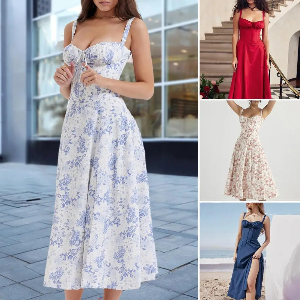 Sleeveless Party Dress Elegant Lace-up Bandeau Floral Print Midi Dress with Corset Side Split Hem Womens Slim for Women 250218