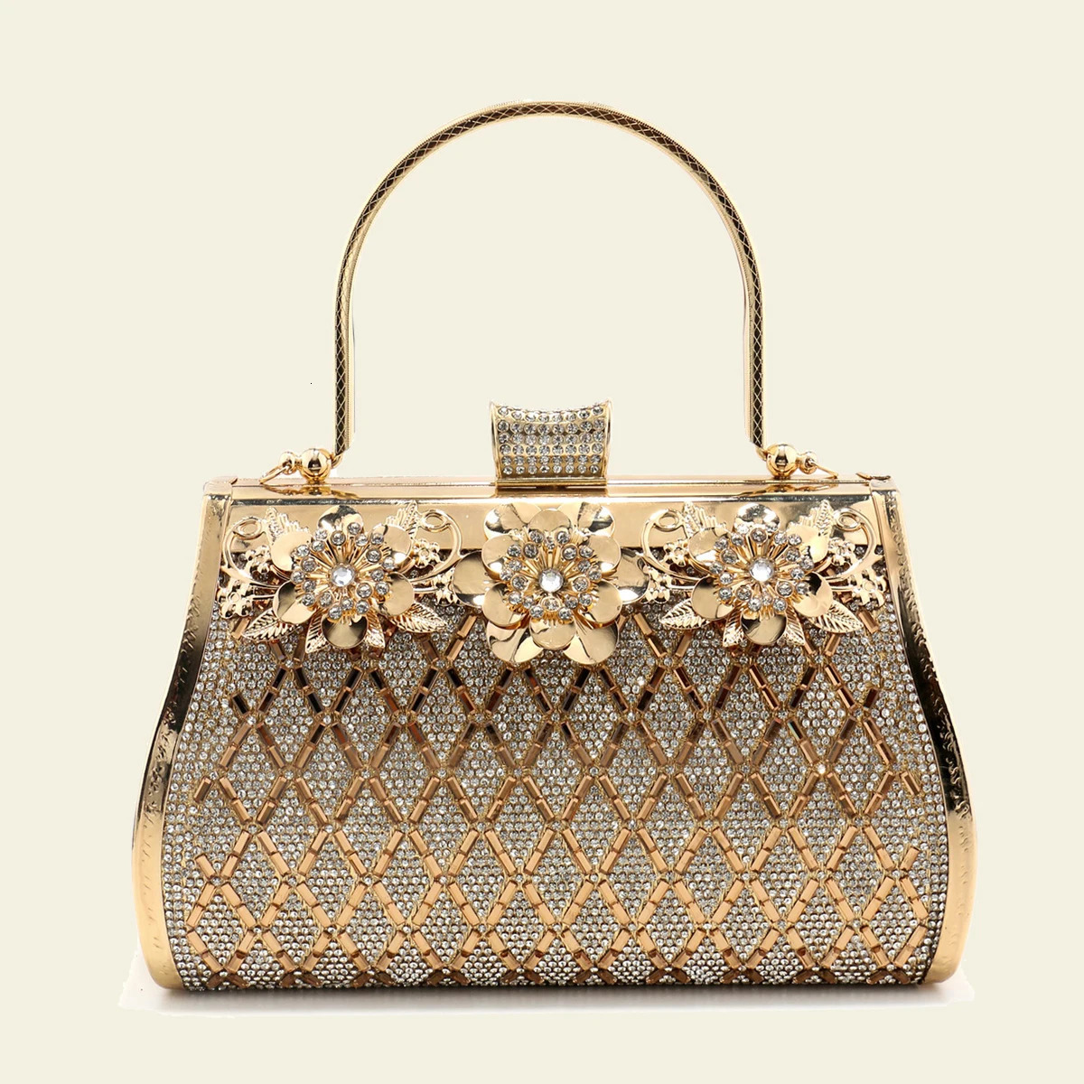 Rhinestones Bucket Women Evening Clutch Golden Metal Handle Handbags Crystal Flower Vintage Perfect n Box Holder 250218